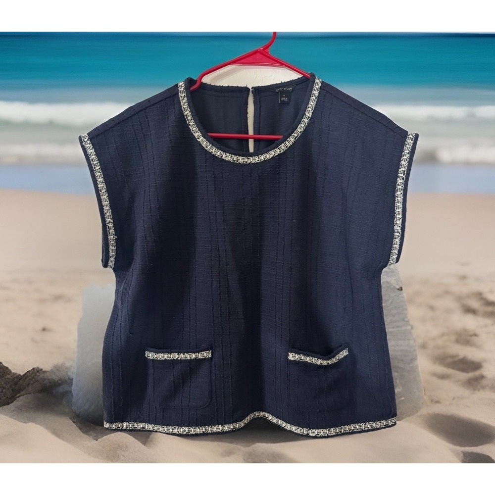 Chic Ann Taylor Loft Sweater Knit Top Womens M Navy Blue Tweed‎ With Silver Trim